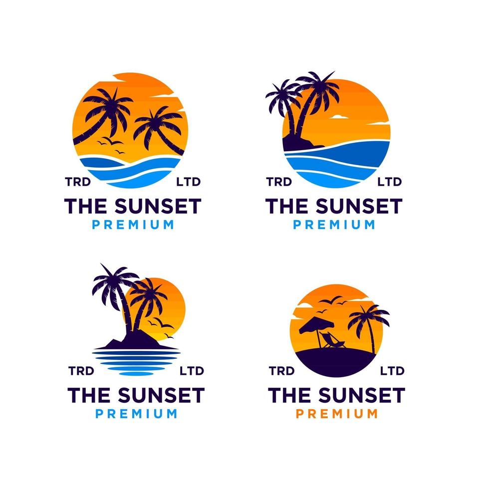 conjunto de ilustración de diseño de logotipo de playa puesta de sol de colección vector