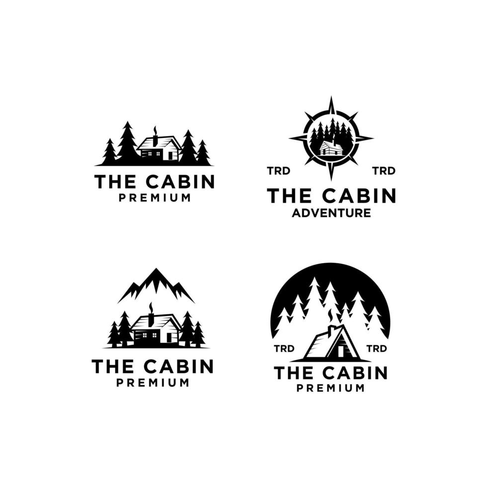 set collection premium wooden cabin and mountain pine forest vector