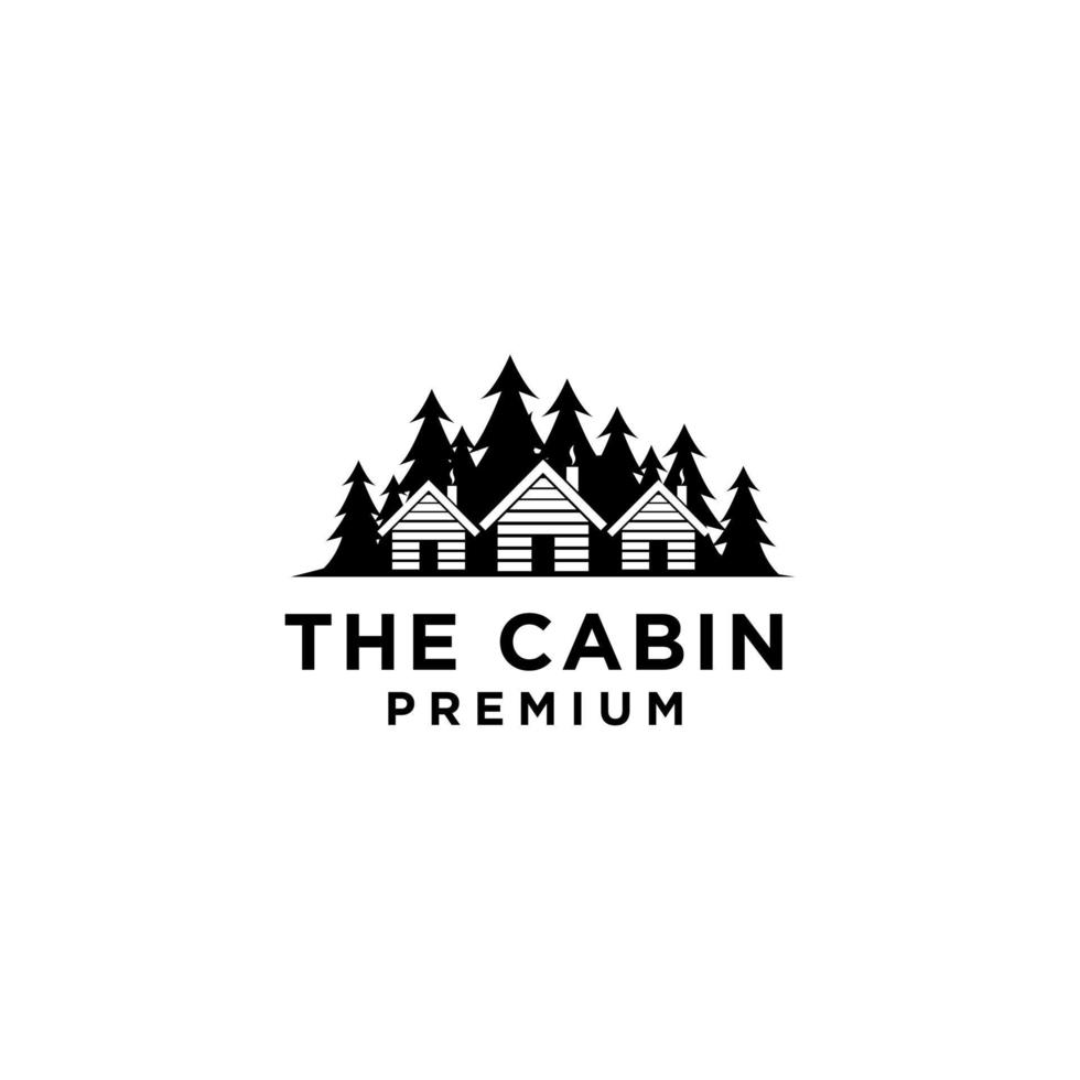 cabaña de madera premium y bosque de pinos diseño de logotipo negro vector retro