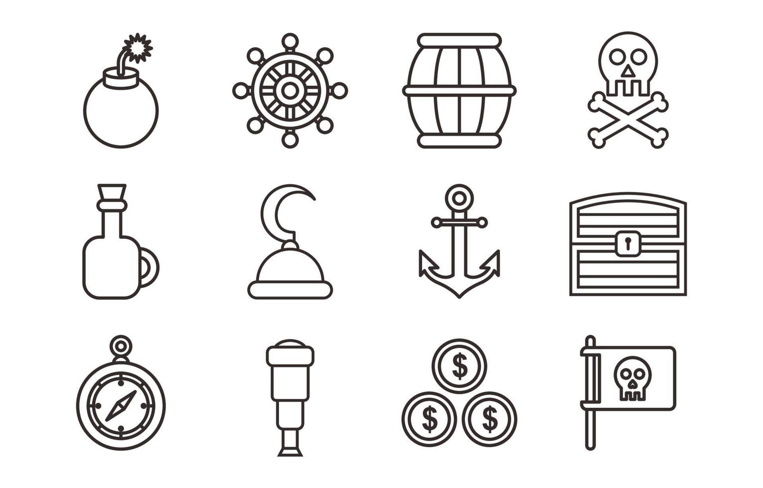 Pirate Outline Object Icon Set vector