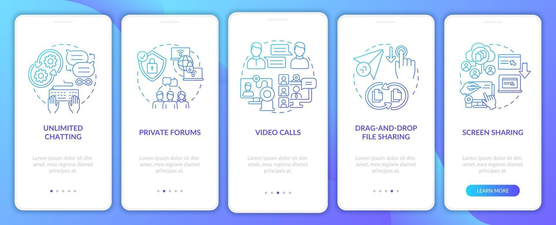 Business messaging blue gradient onboarding mobile app page screen vector