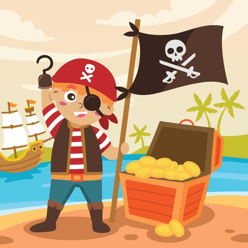 Cute Pirate Boy with Treasure Box vector