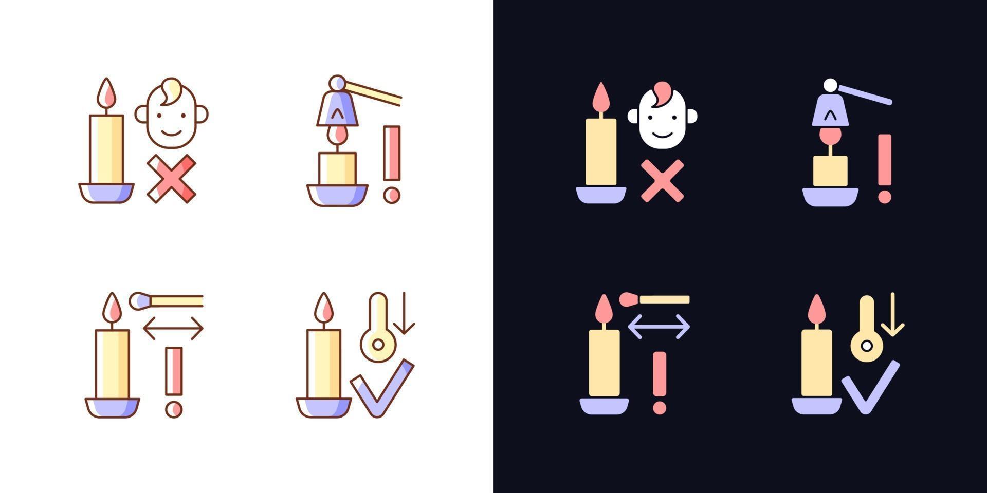 Quemar velas de forma segura conjunto de iconos de etiqueta manual de color claro y oscuro vector