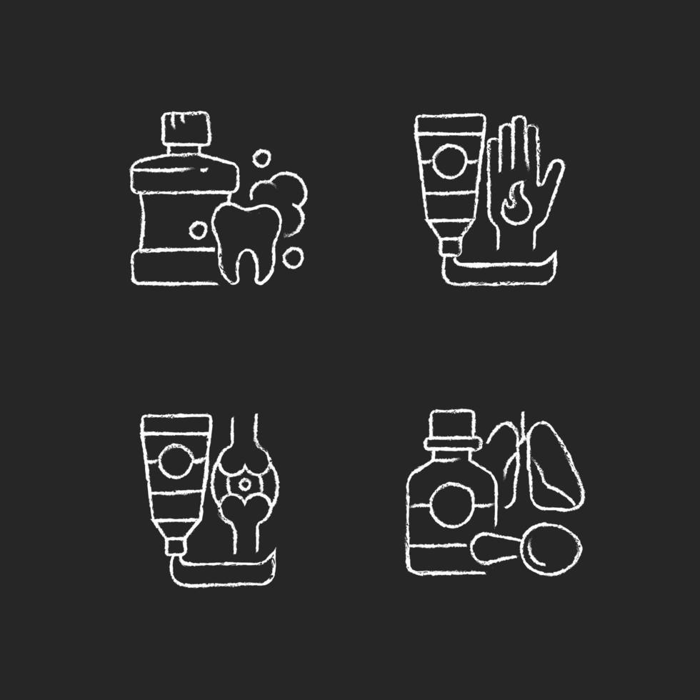 Medical treatment options chalk white icons set on dark background vector