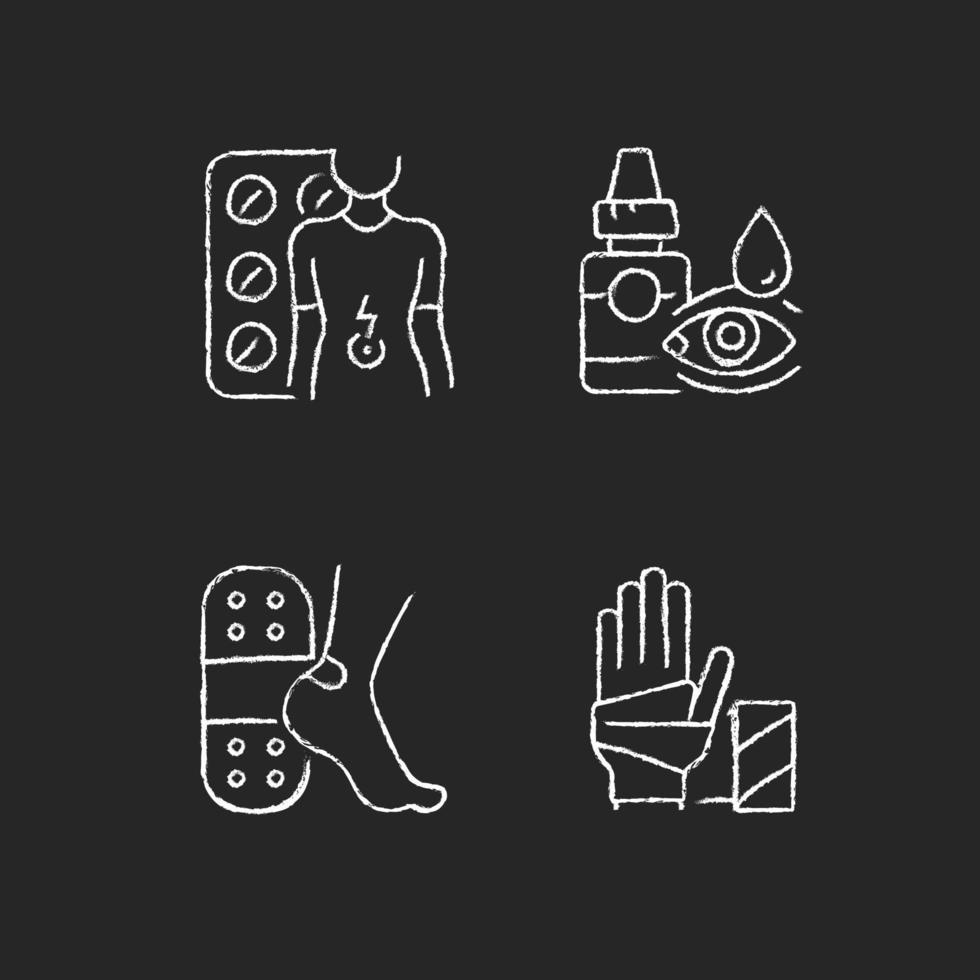 Medication options chalk white icons set on dark background vector