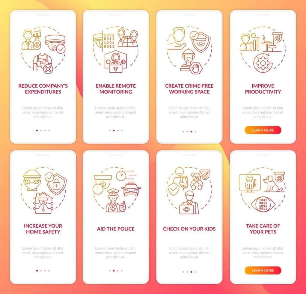 Security cameras benefit onboarding mobile app page screen vector