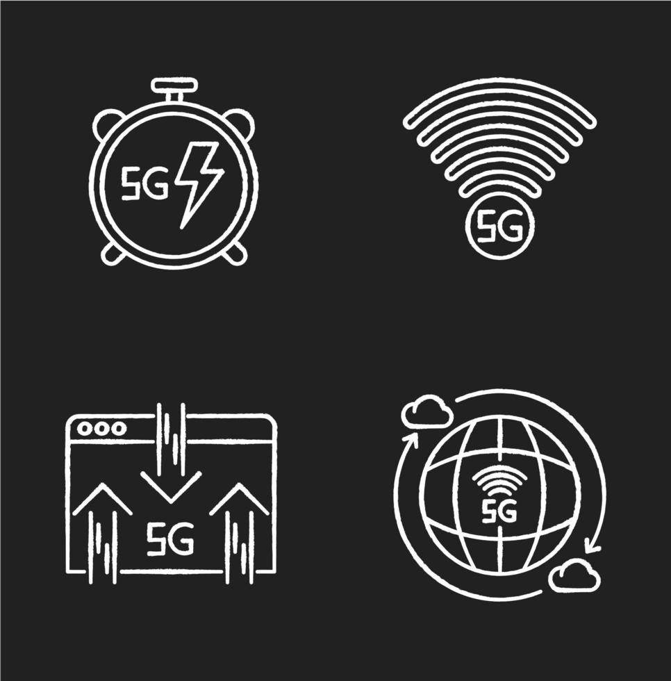 Iconos blancos de tiza de tecnología inalámbrica 5g en fondo negro vector