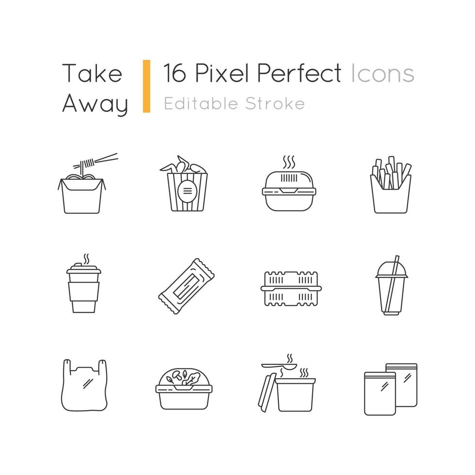 Takeaway food packages pixel perfect linear icons set vector