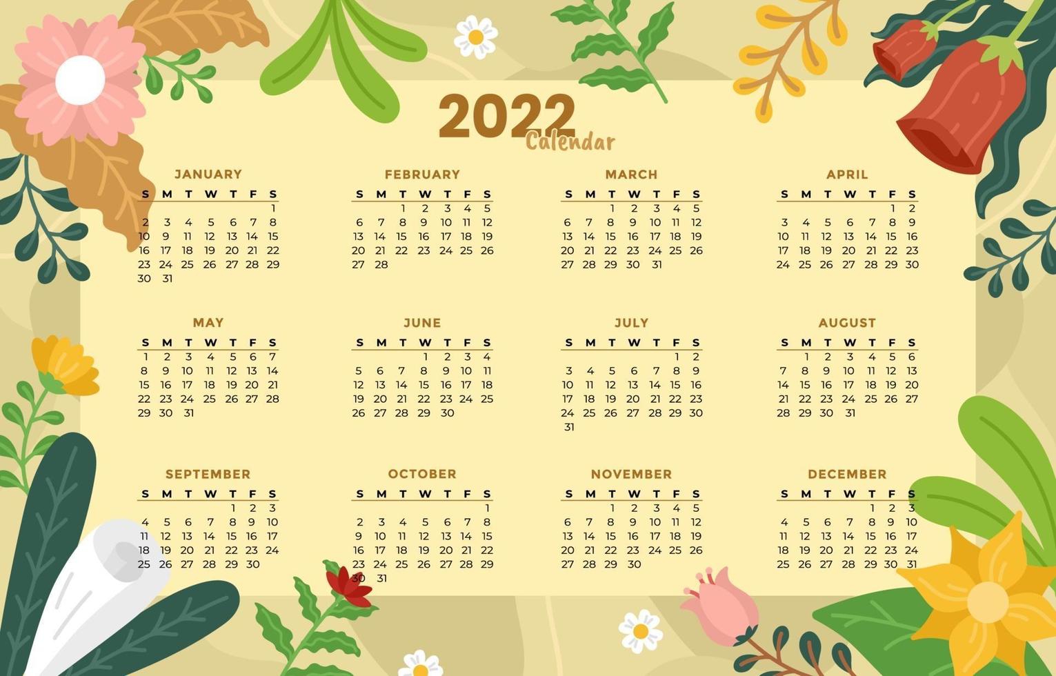 Calendario editable 2021 con decoración floral vector