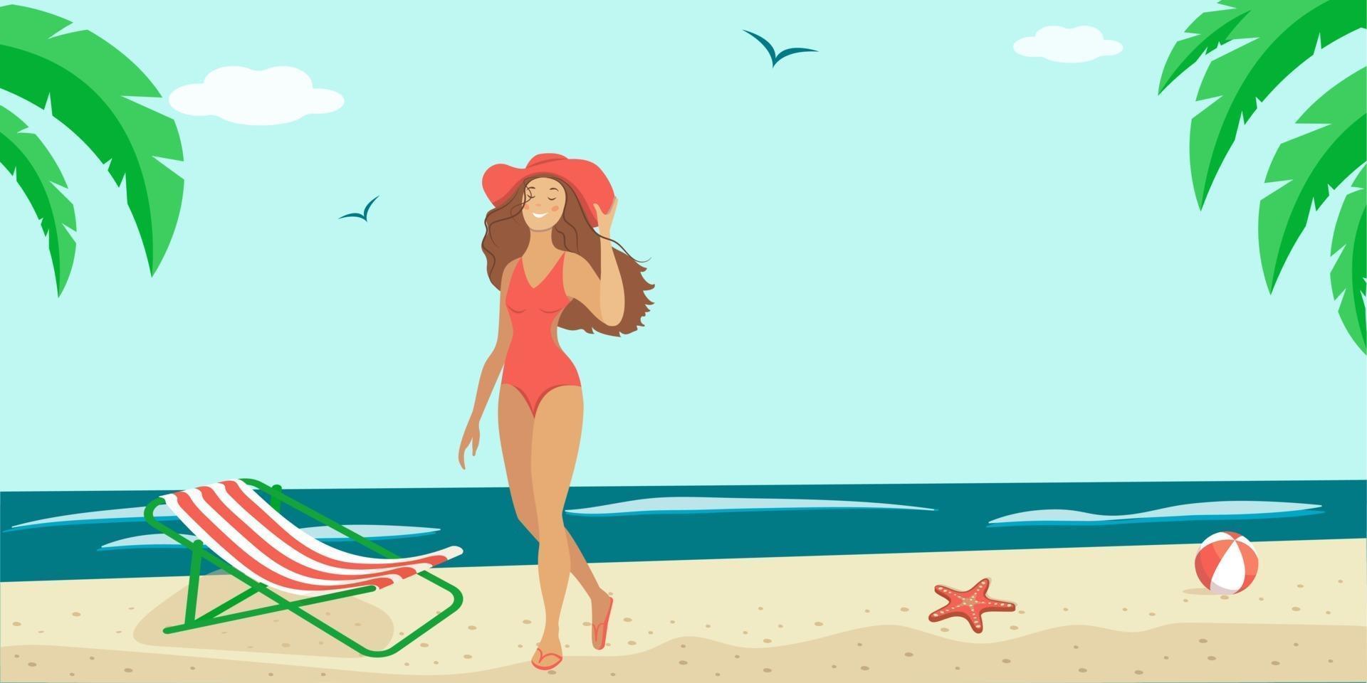 Ilustración de verano de una mujer en traje de baño junto al mar. vector