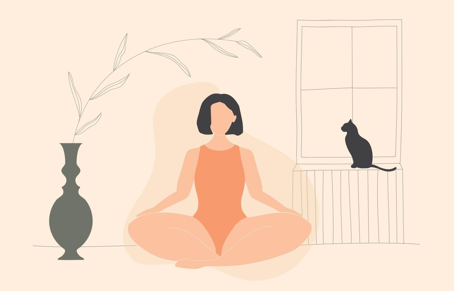 Woman Sitting in a Meditation Pose at Home. Mindfulness healthy life vector