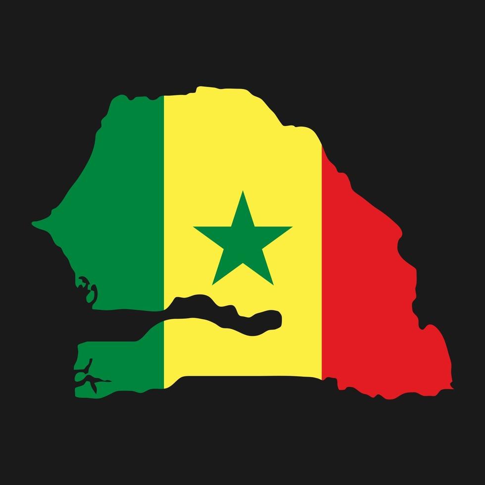 Silueta de mapa de Senegal con bandera sobre fondo negro vector