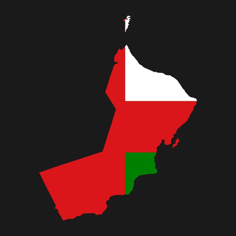 Mapa de Omán silueta con bandera sobre fondo negro vector