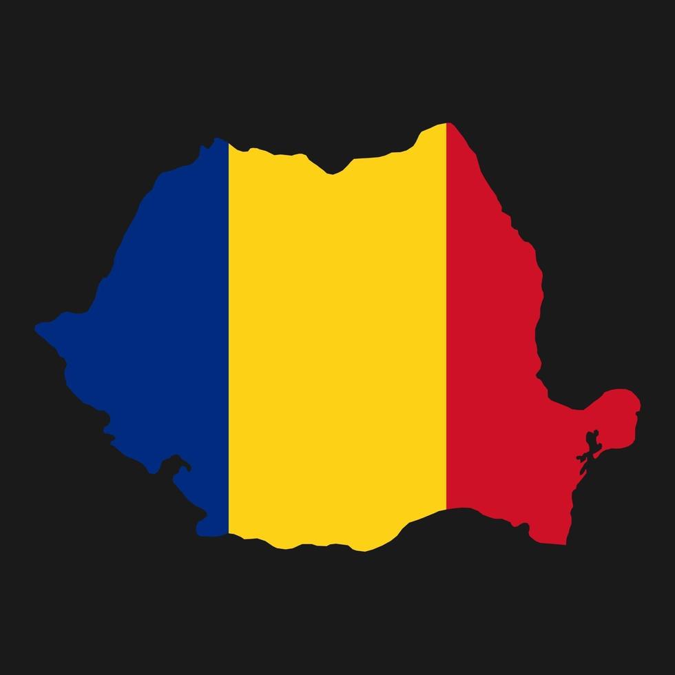 Rumania mapa silueta con bandera sobre fondo negro vector