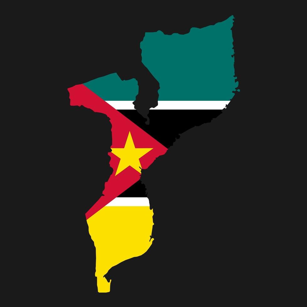 Mozambique mapa silueta con bandera sobre fondo negro vector