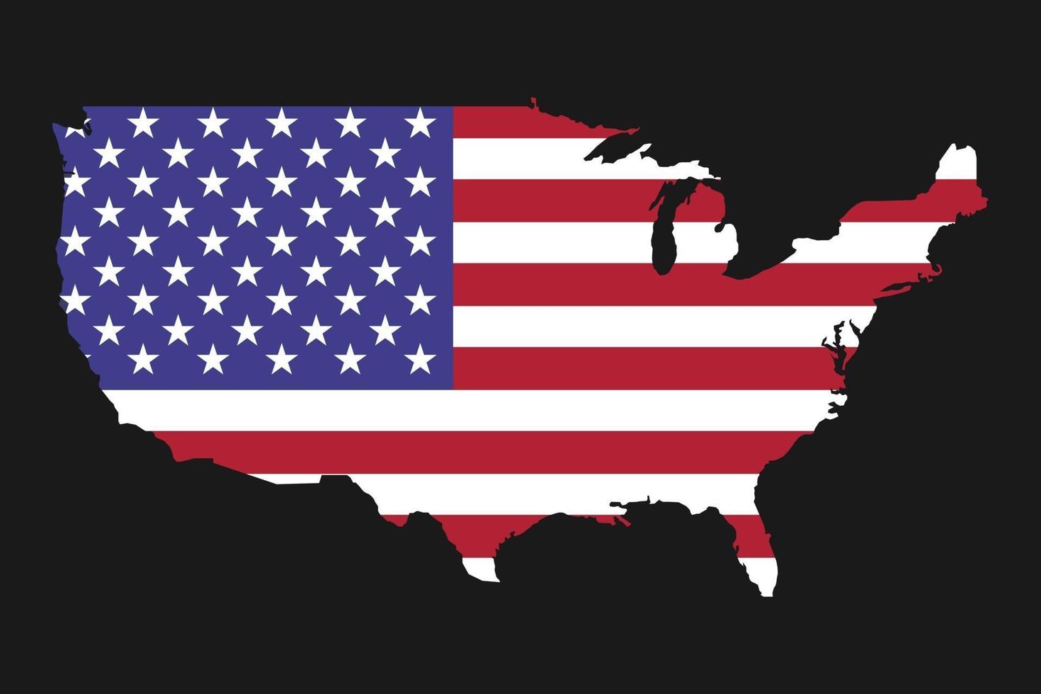 Silueta de mapa de Estados Unidos con bandera sobre fondo negro vector