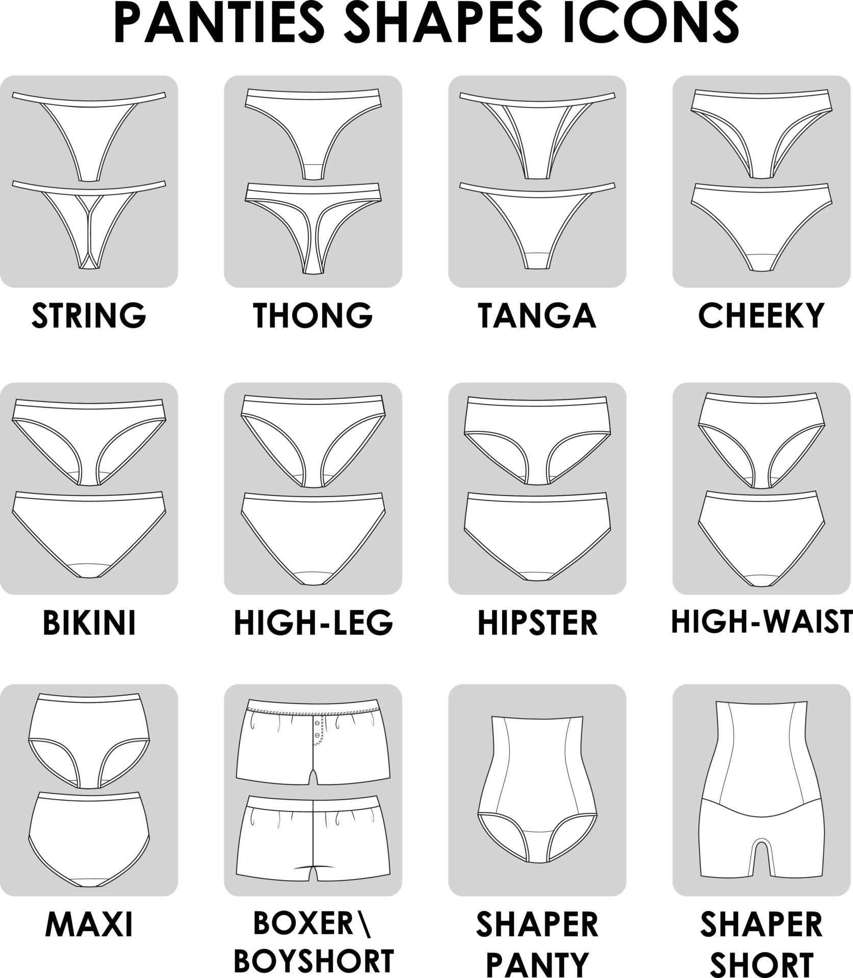 Panties underwear icons. String thong tanga cheeky bikini hipster