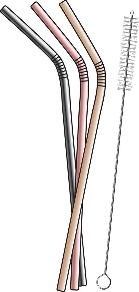 tubo reutilizable de paja de metal ecológico y cepillo de limpieza vector