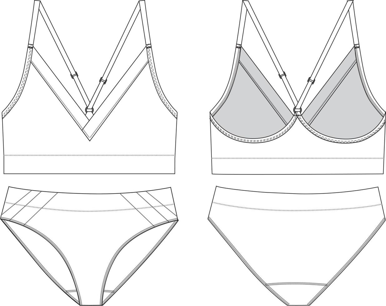 conjunto de ropa interior sin costuras. boceto plano de bralette con cuello en V y braguita de bikini vector