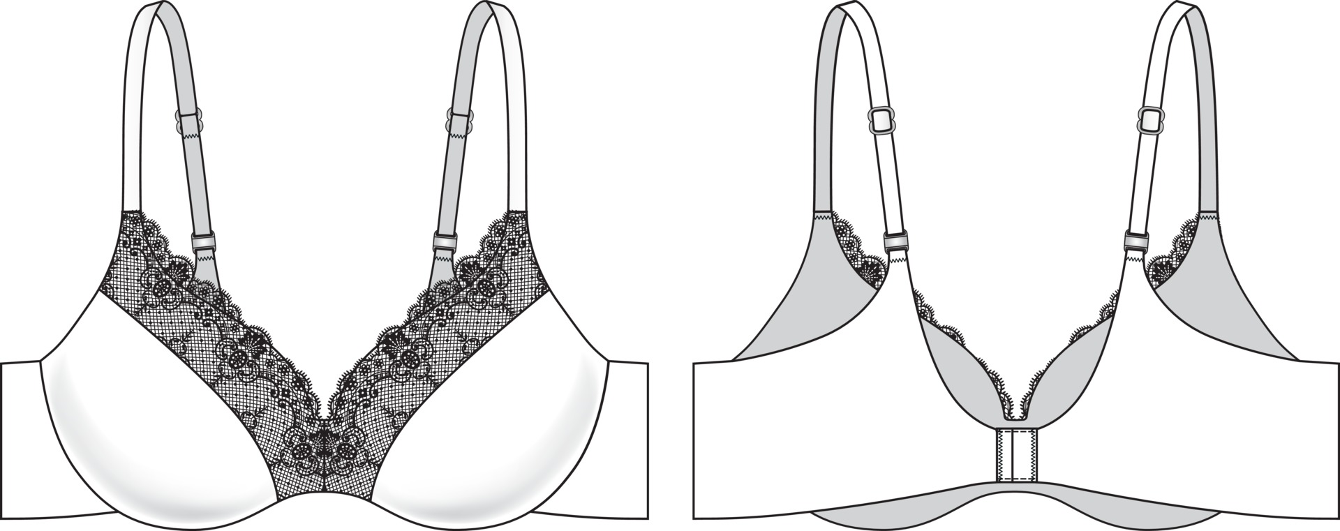 Intimate Apparel Flat Sketch PushUp Bra with Underwire Cups Adjustable  Straps and Hookneye Closure V7  Designers Nexus