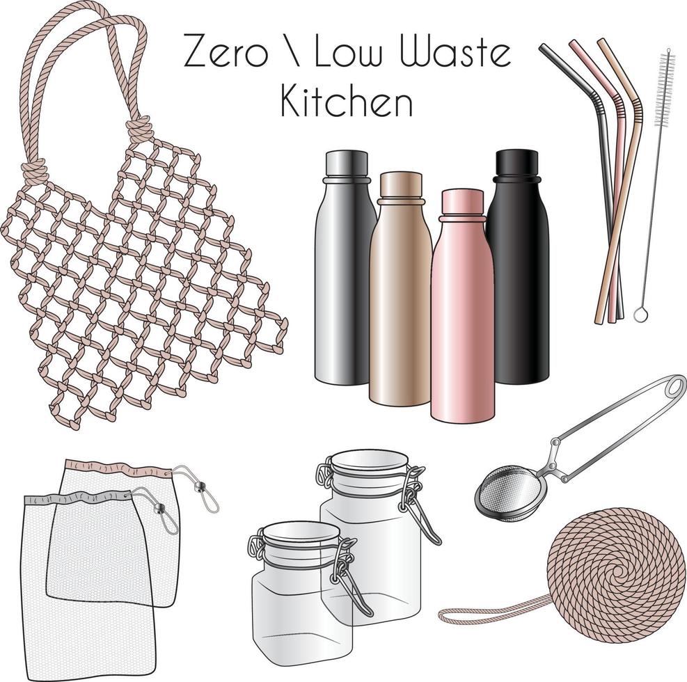 Eco friendly zero waste kitchen tools illustrations. Natural reusable vector
