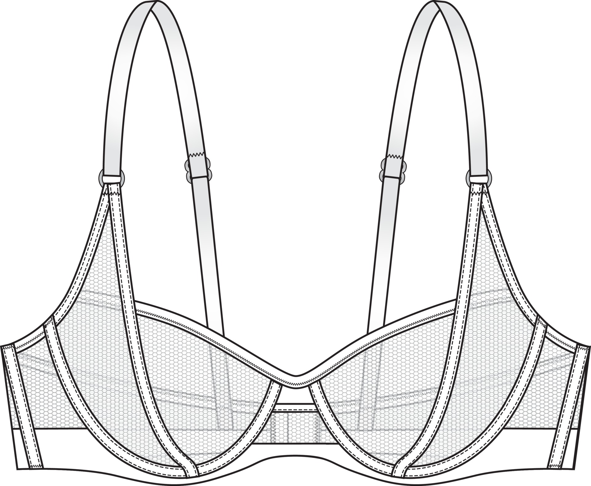 Mesh bra technical sketch. Editable lingerie flat fashion