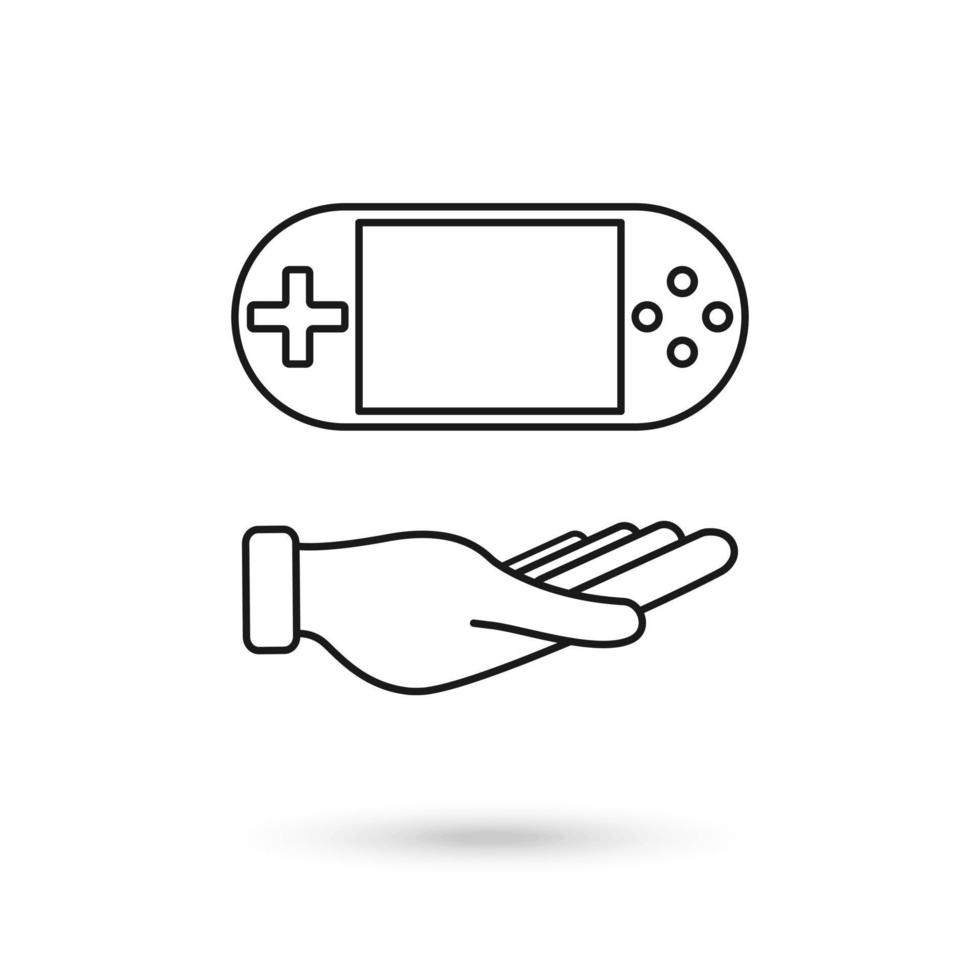 Hand holding Portable video game console vector icon