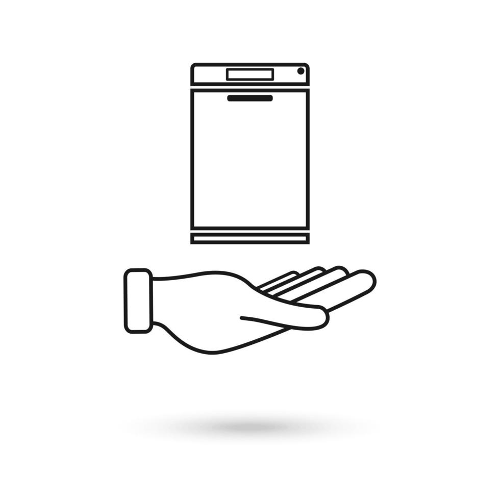 Hand holding Dishwasher flat line icon. vector