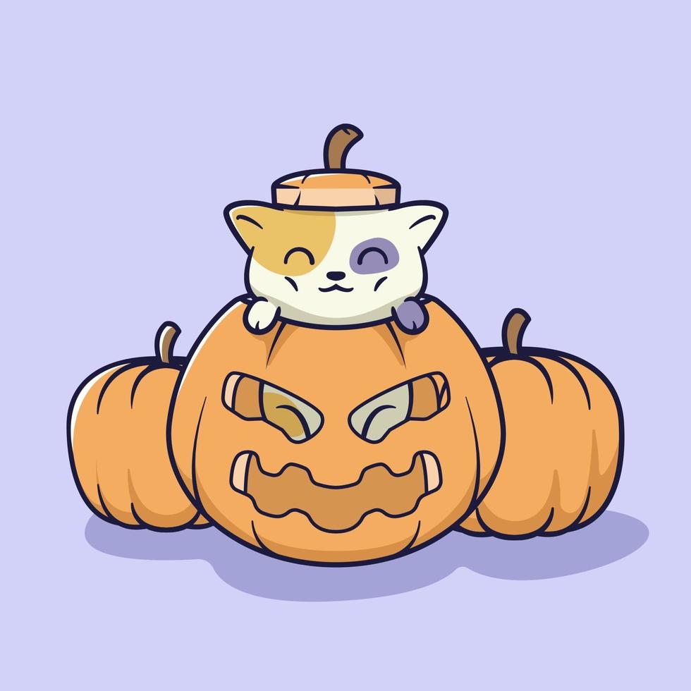 lindo gato dentro de la ilustración de calabaza de halloween vector