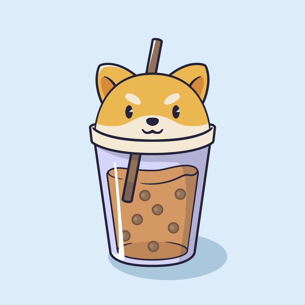 linda ilustración de té shiba inu boba vector