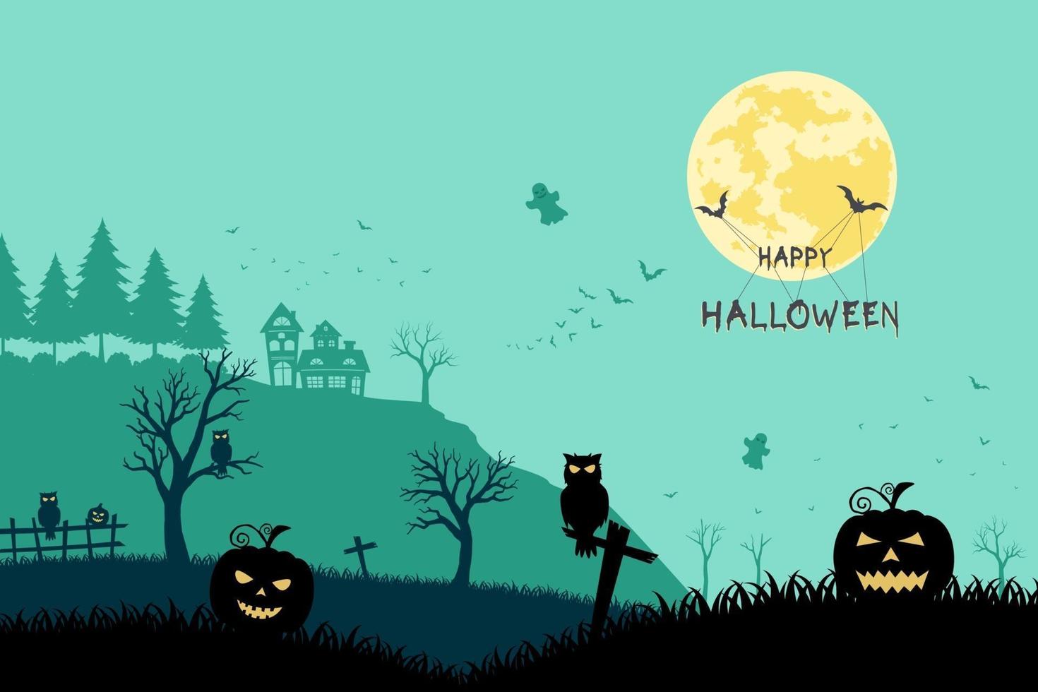 Halloween night landscape on silhouette background vector
