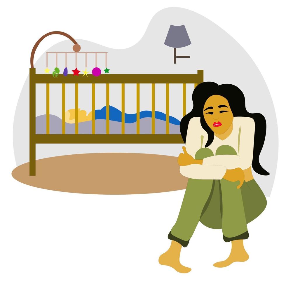 The concept of postpartum depression. tired mother cries and kneels vector