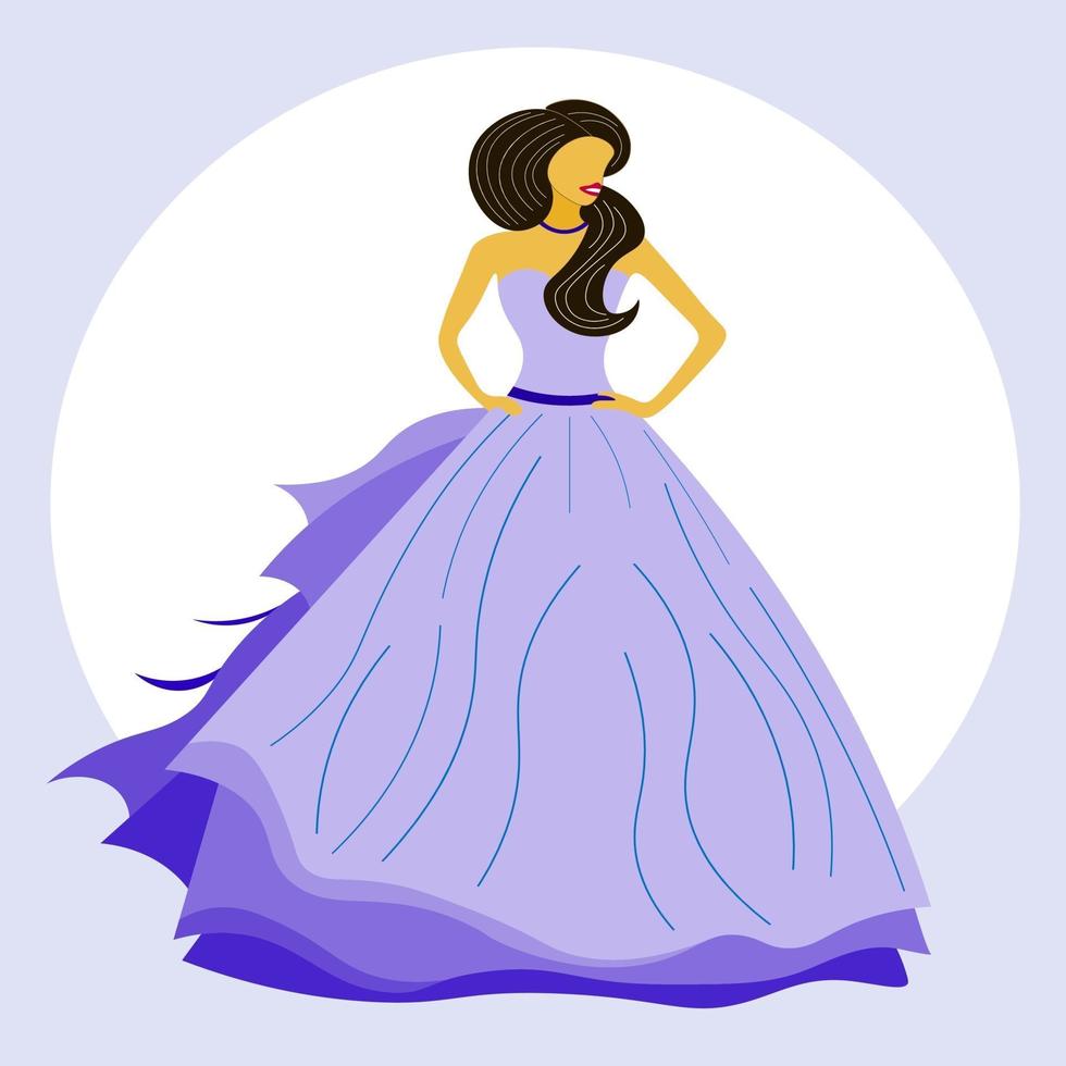 linda princesa, niña, dama en vestido largo y esponjoso azul claro. cabello vector