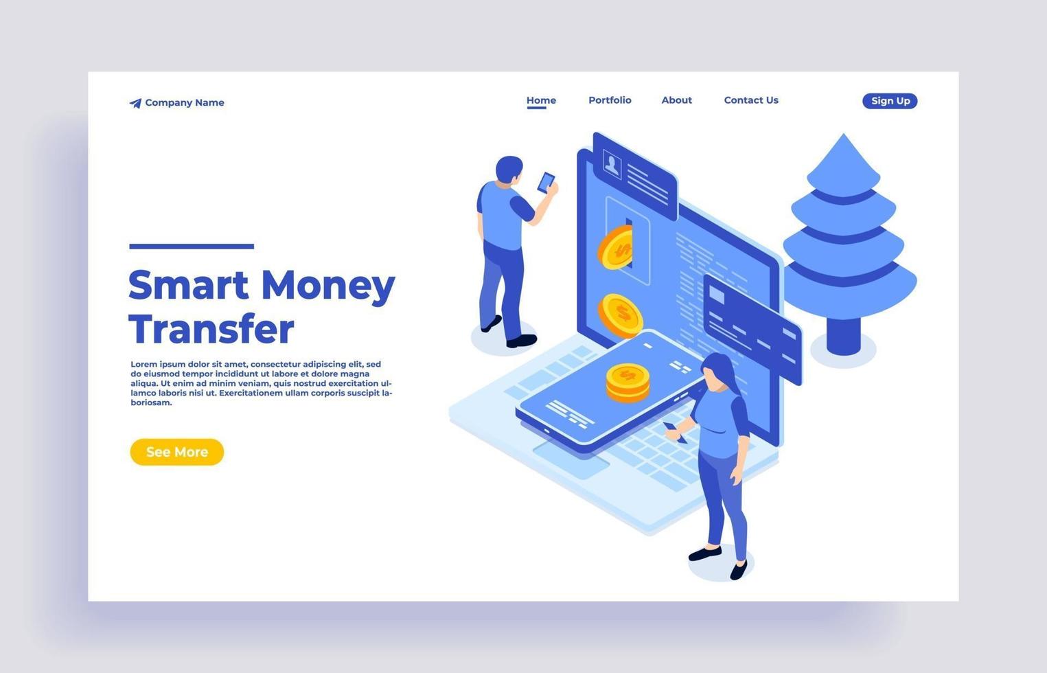 Money transfer isometric concept with characters vector