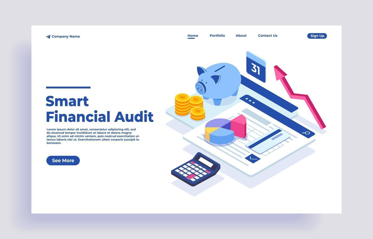 Office desk with piggy bank money and documents for financial audit vector