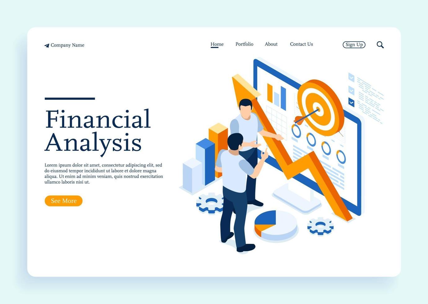 Two mens discussing about financial research concept flat isometric vector