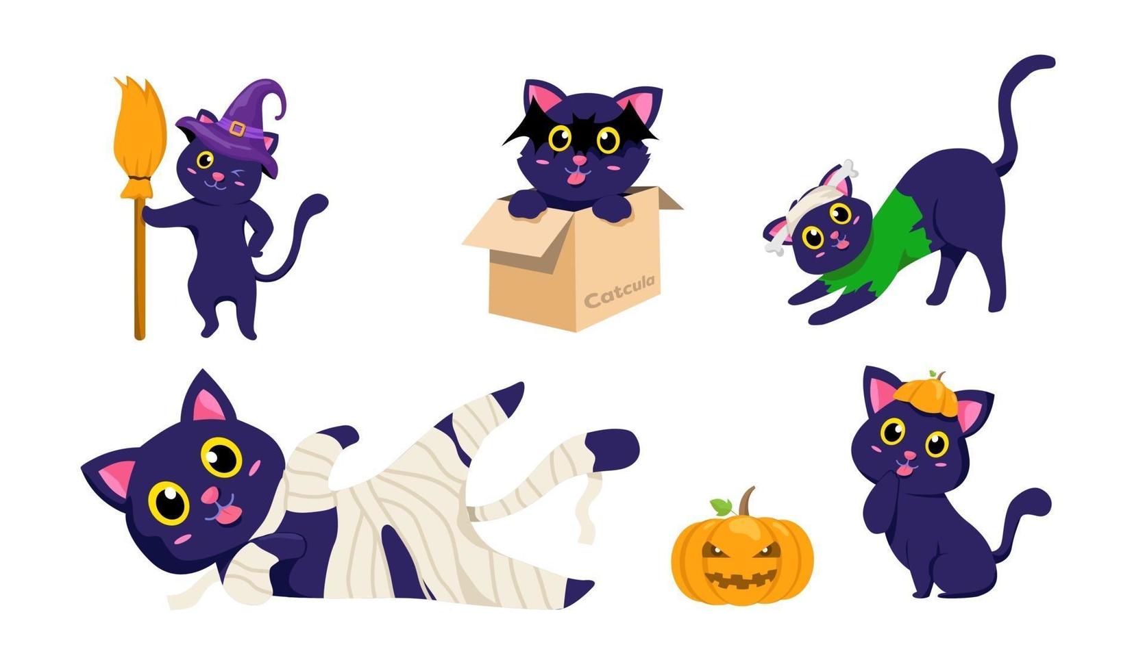 Halloween Black Kitties cartoon. Set of spooky cat and pumpkin vector