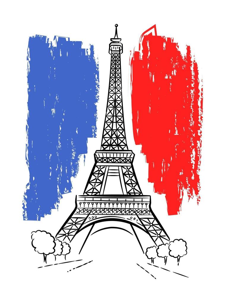 Concept De France Bastille Day Avec Tour Eiffel Et Drapeaux De Bunting Sur  Fond Bleu Et Rouge