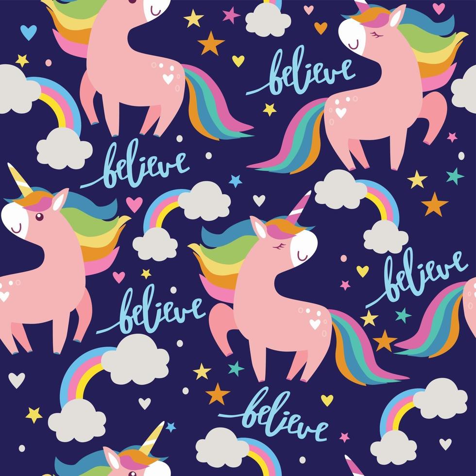 Seamless pattern with unicorns clouds stars rainbows hearts vector