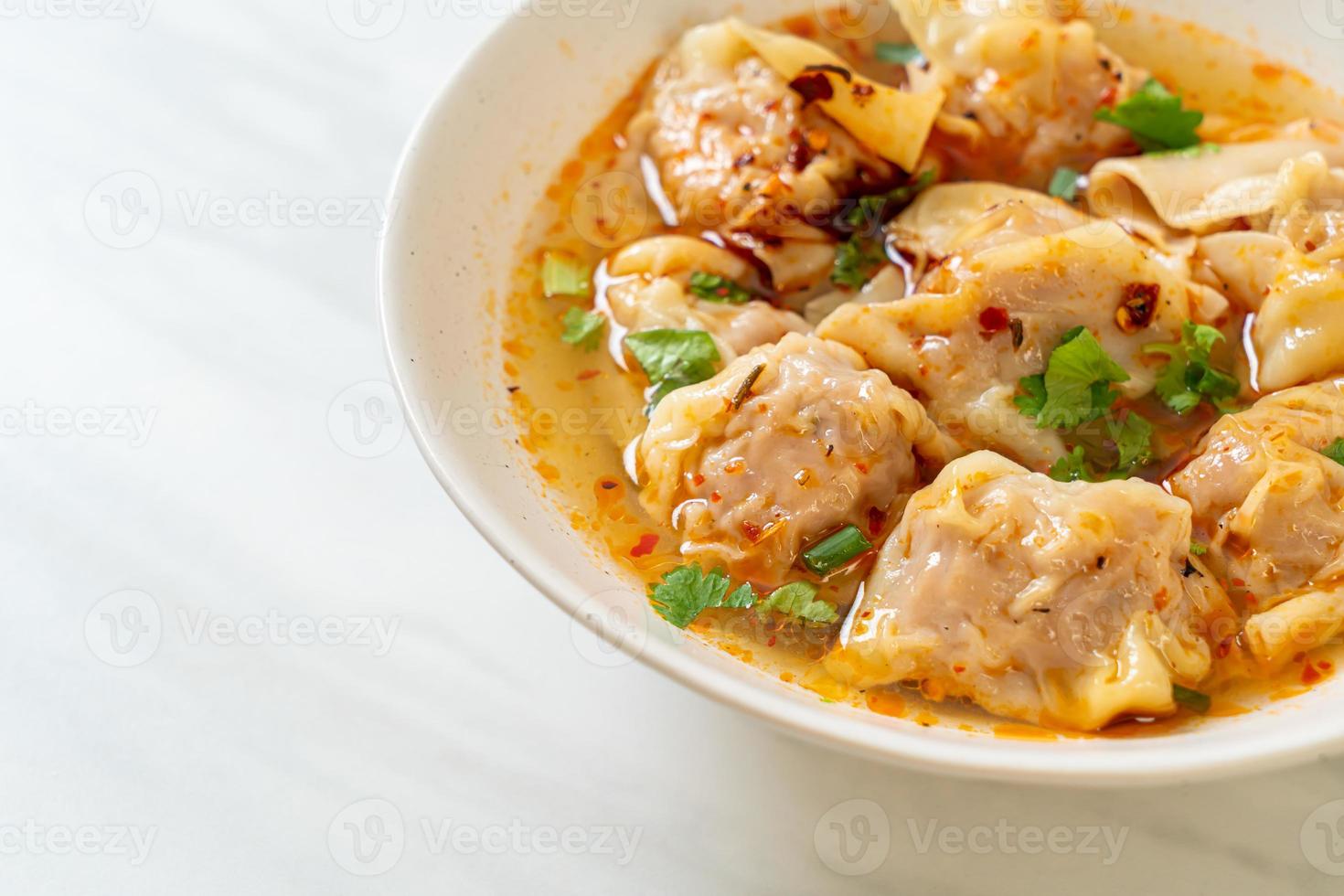 Pork wonton soup or pork dumplings soup with vegetable photo