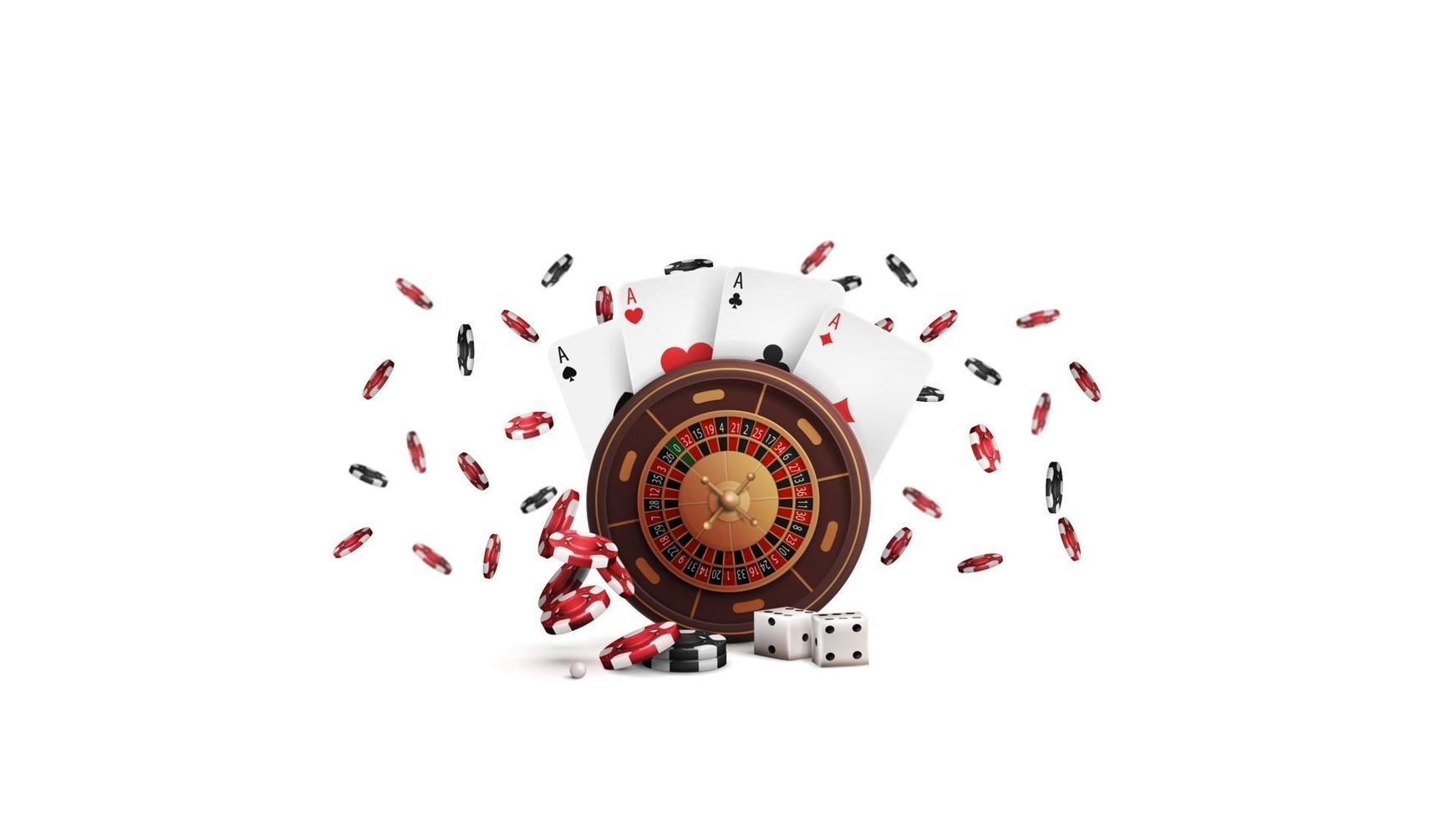 Casino Roulette wheel with poker chips and playing cards vector