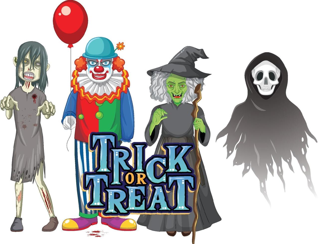 Diseño de texto de truco o trato con personajes fantasmas de halloween vector