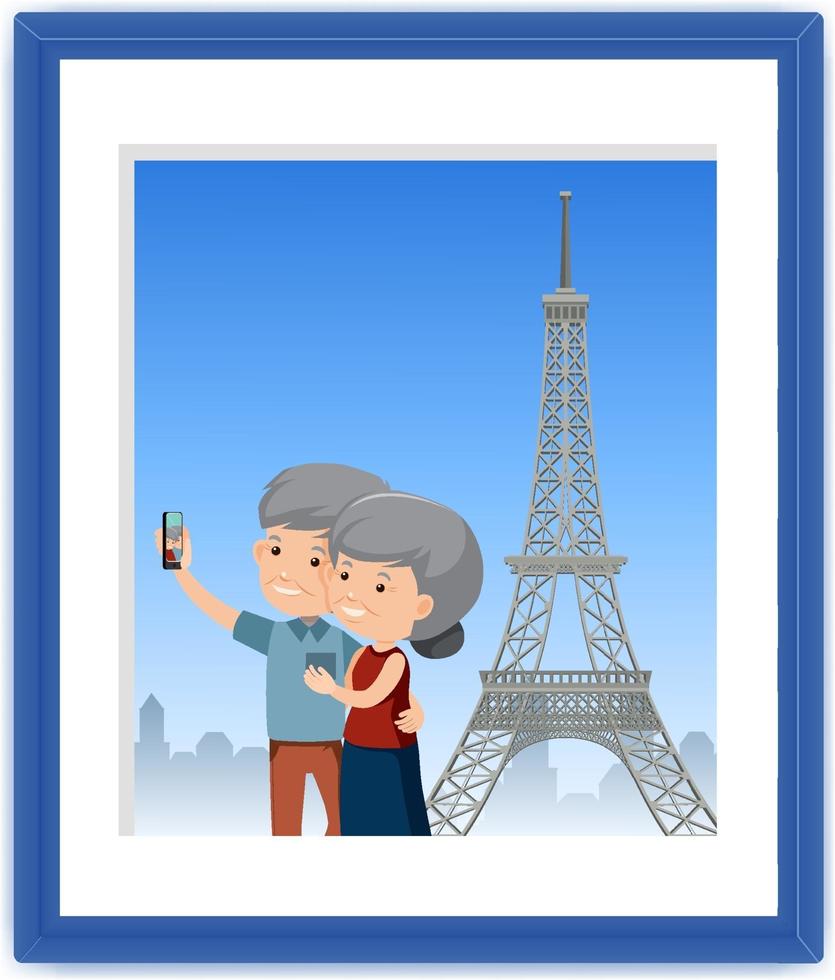 una foto de una pareja de ancianos se toma un selfie con la torre eiffel vector