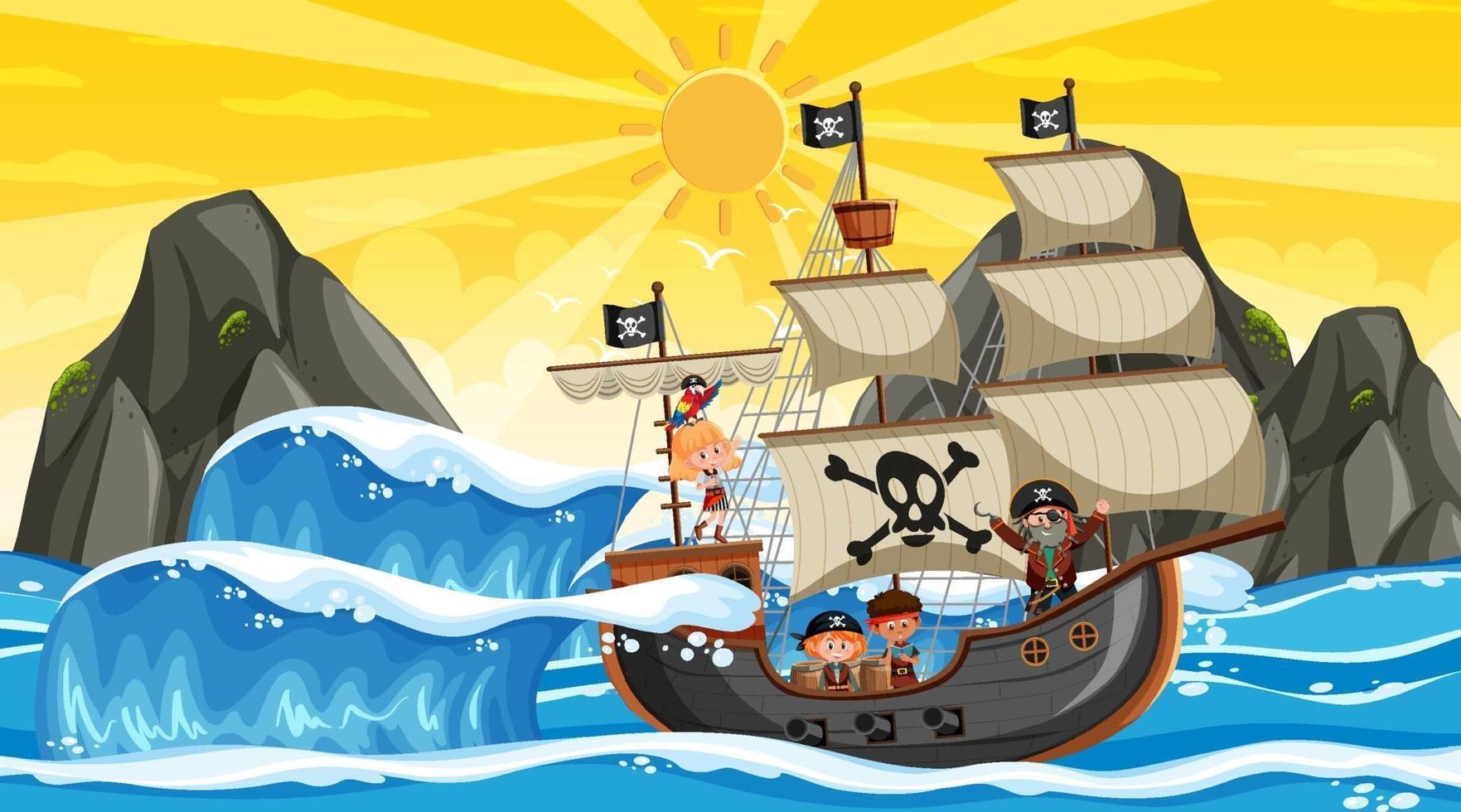 Ocean with Pirate ship at sunset scene in cartoon style vector