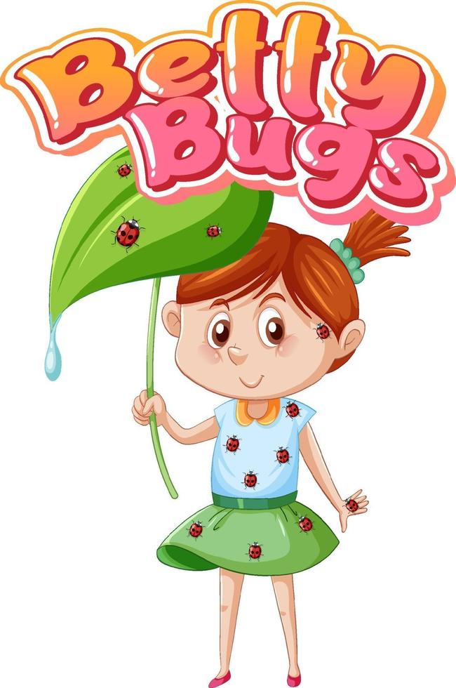 diseño de texto del logotipo de betty bugs con mariquitas encaramadas en el cuerpo de la niña vector