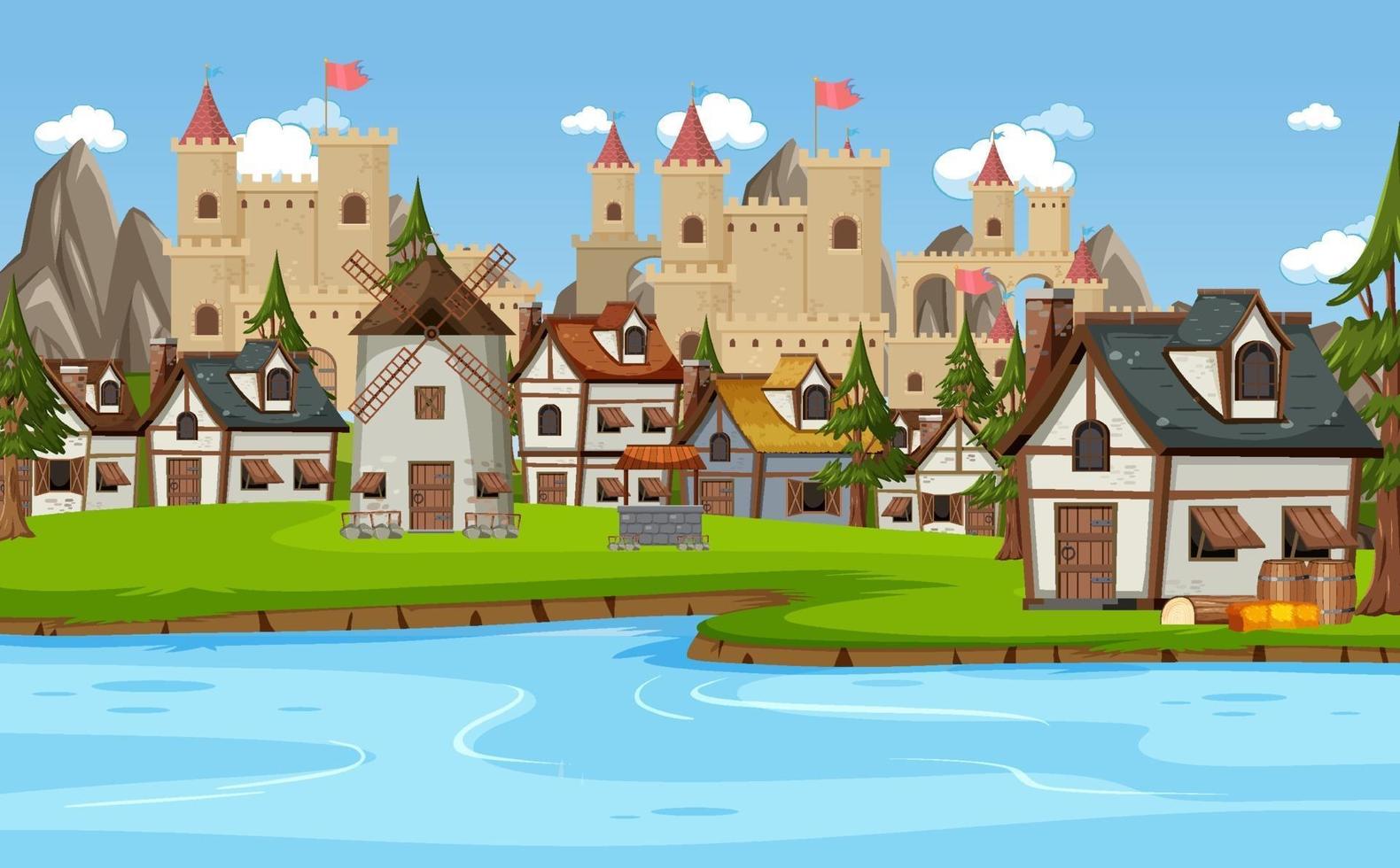 Escena de pueblo medieval con fondo de castillo vector