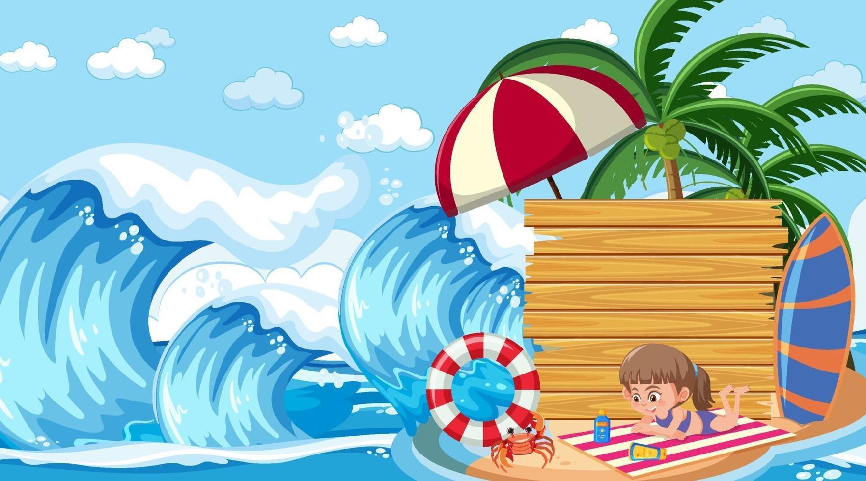 Empty banner template with kids on vacation at the beach daytime scene vector