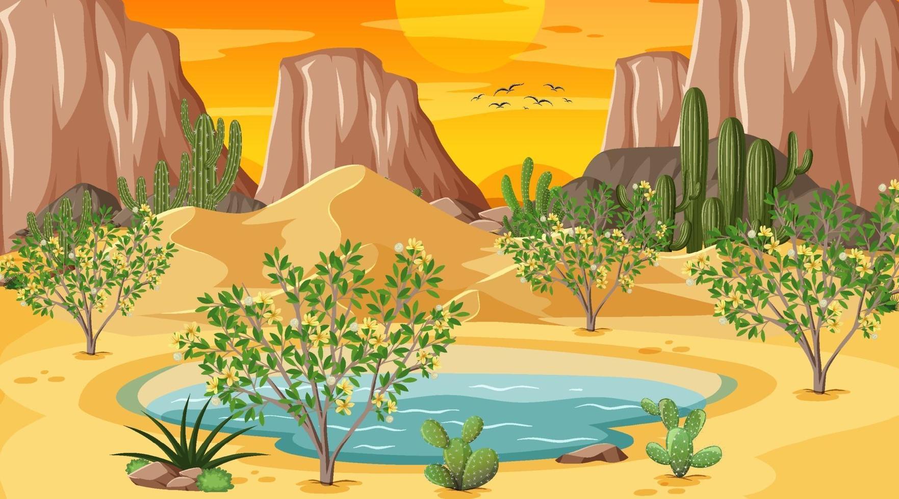 Desert forest landscape at sunset scene with oasis vector