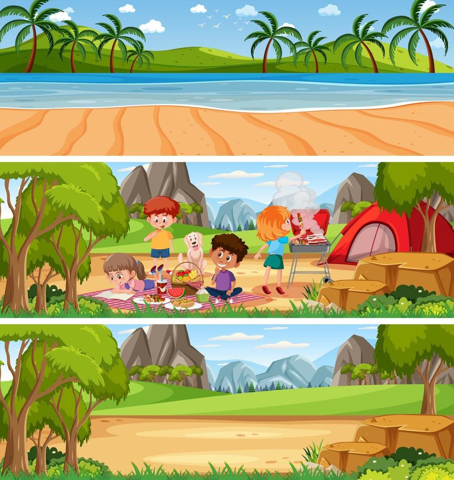 Different nature landscape at daytime scene with cartoon character vector