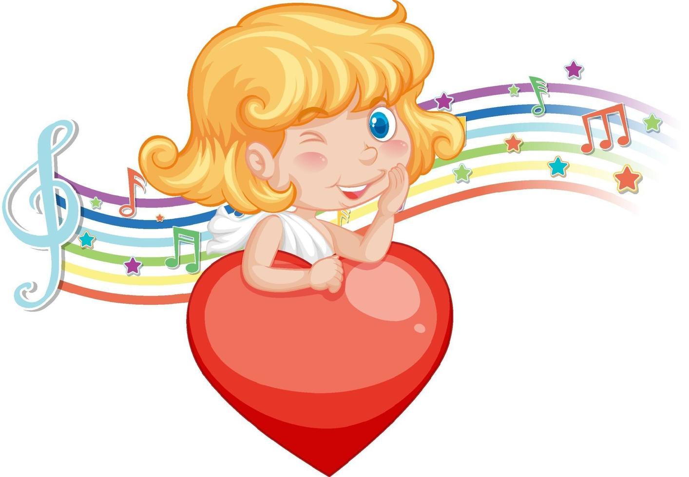 Cupid angel character with melody symbols on rainbow vector